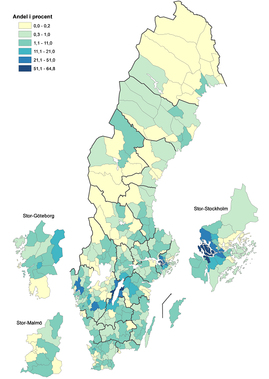 Diagram Vattenskyddsområden per kommun, andel av totalareal. 2018-12-31