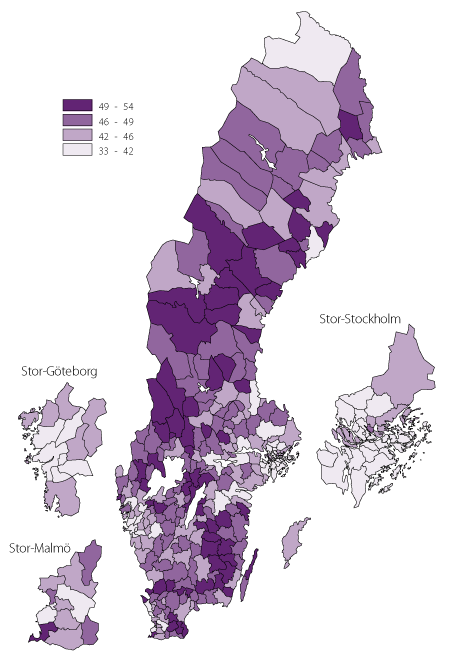 Genomsnittlig boarea per kommun. Kvadratmeter per person, 2015.