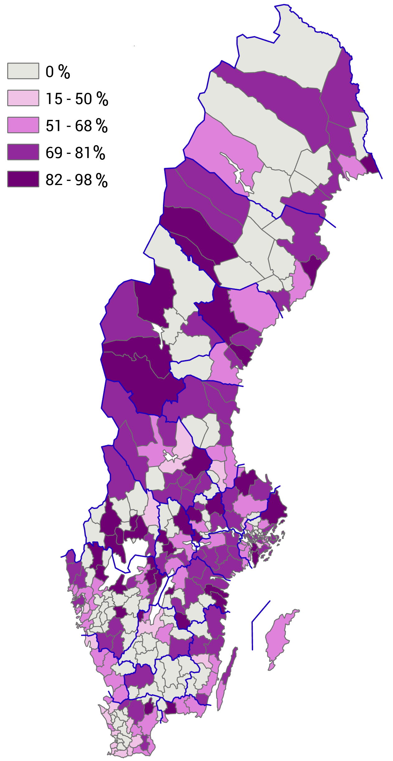 MAp: Proportion of holiday homes out of the total number of one- or two dwelling buildings in holiday home areas, by municipality, 2020