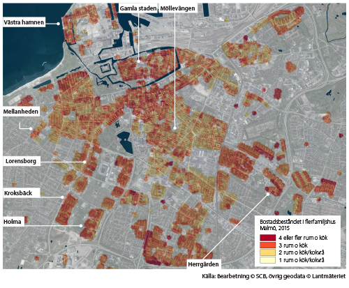 Karta: Bostadsbeståndet i flerfamiljshus i Malmö, 2015.