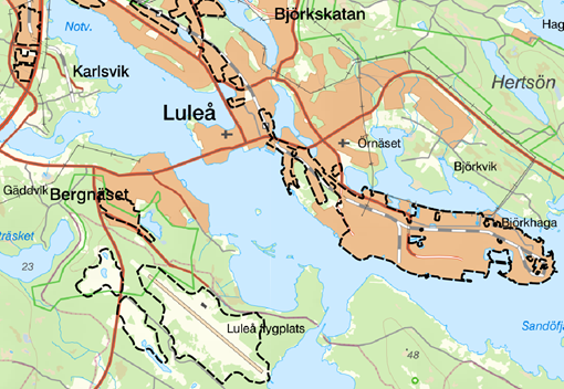 Figur 1: Exempel på verksamhetsområden (svarta streckade linjer) i och kring Luleå tätort