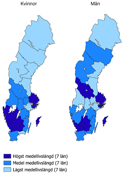 Karta över livslängden i länen för kvinnor respektive män