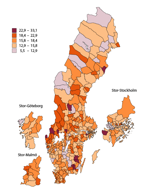 Karta: Andelen av de 20–29-åringar som hade låg inkomst 2010 som även hade det 2011–2015. Procent