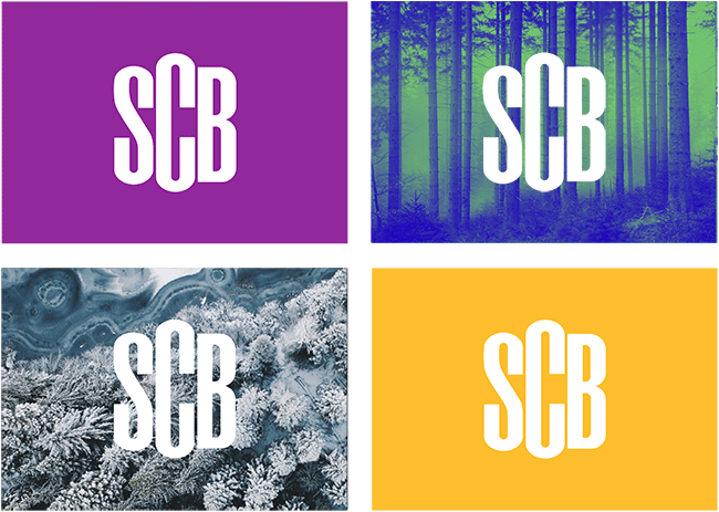 SCB:s logotyp i negativ version, det vill säga vit på färgad bakgrund.