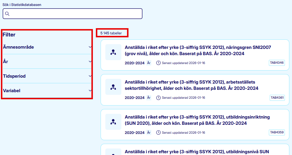 Visar antal tabeller och menyn filtrering