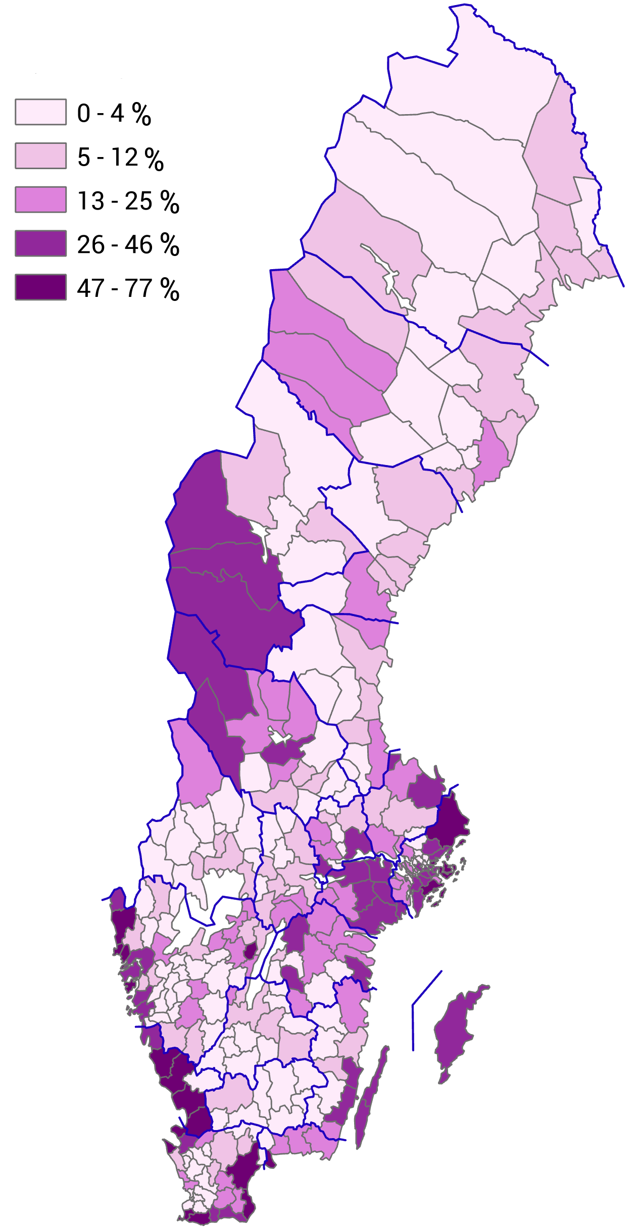 Karta: Andel fritidshus i fritidshusområden, av totalt antal fritidshus per kommun, 2020