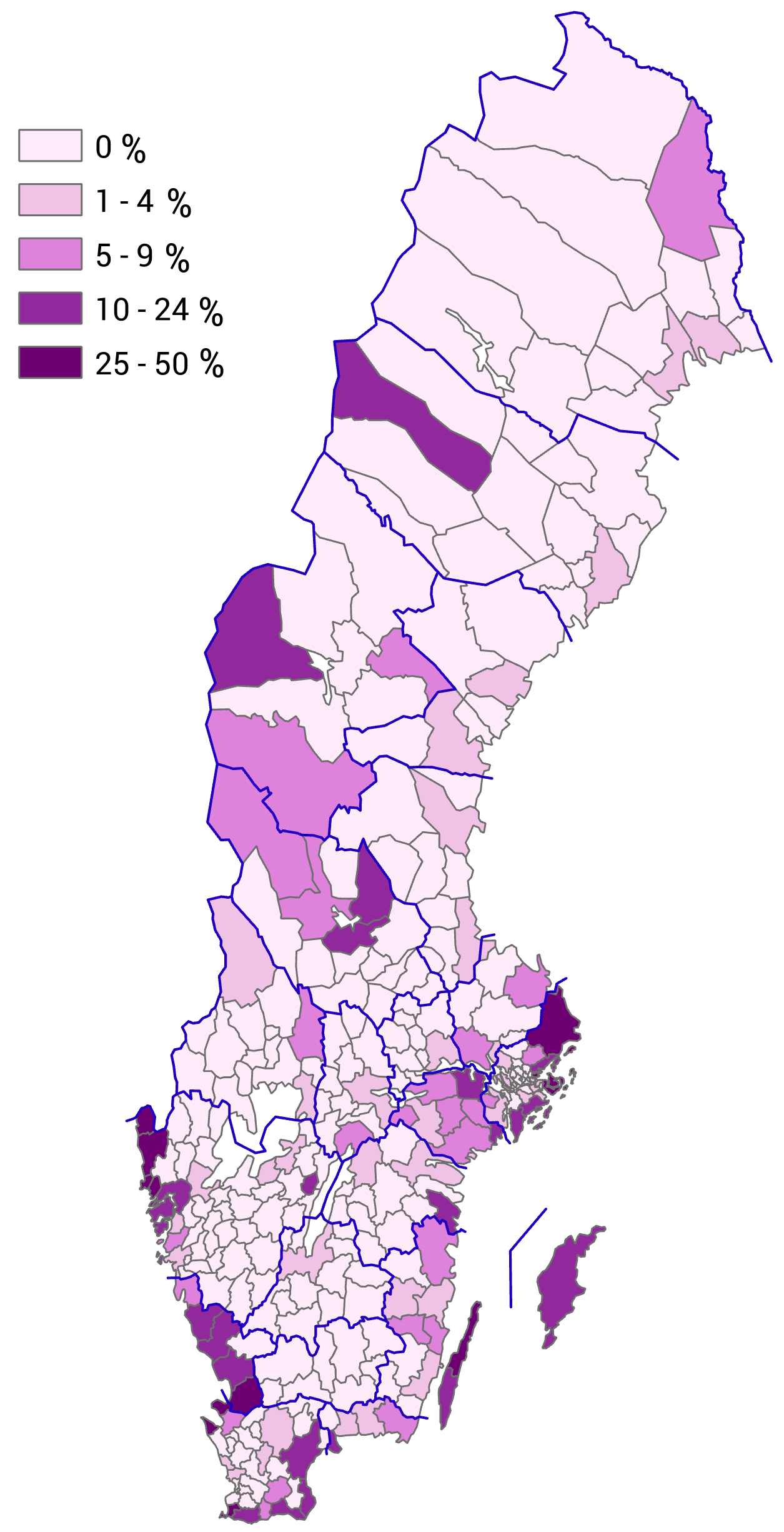 Map: Proportion of holiday home areas that overlap with localities, by municipality, 2020