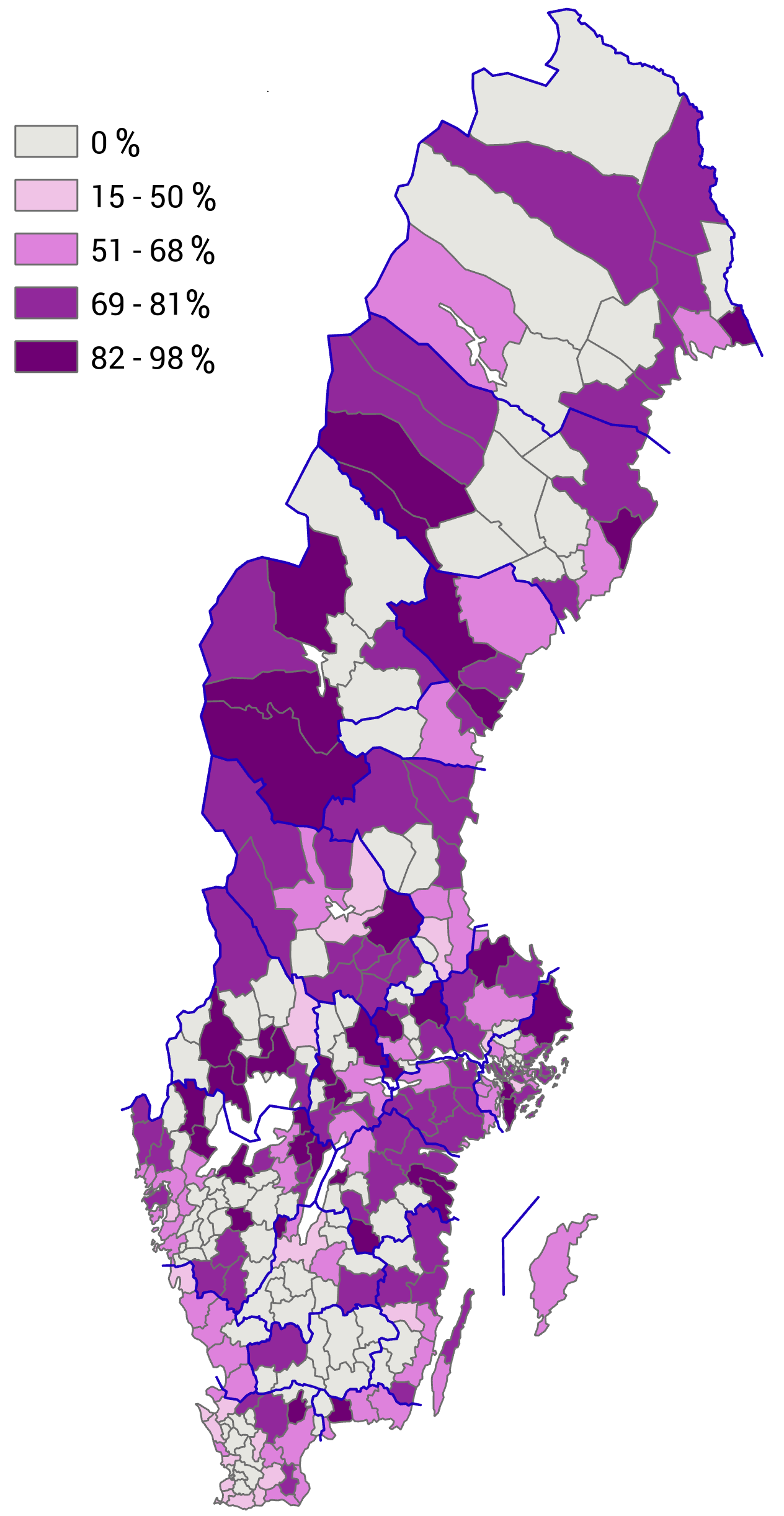 Karta: Andel fritidshus av totalt antal småhus i fritidshusområden, per kommun 2020