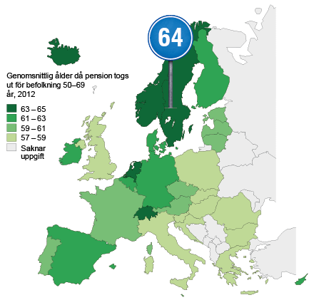 Tematisk EU-karta över genomsnittlig ålder då pension togs ut för befolkning 50–69 år, 2012