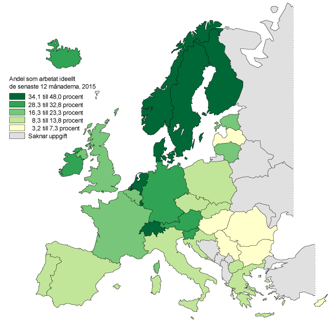 Andel av befolkningen 16 år och äldre som arbetat ideellt minst en gång de senaste 12 månaderna. År 2015. Procent.