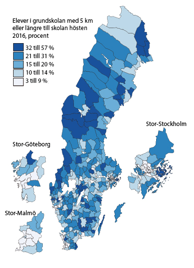 Karta: Elever i grundskolan med 5 km eller längre till skolan hösten 2016