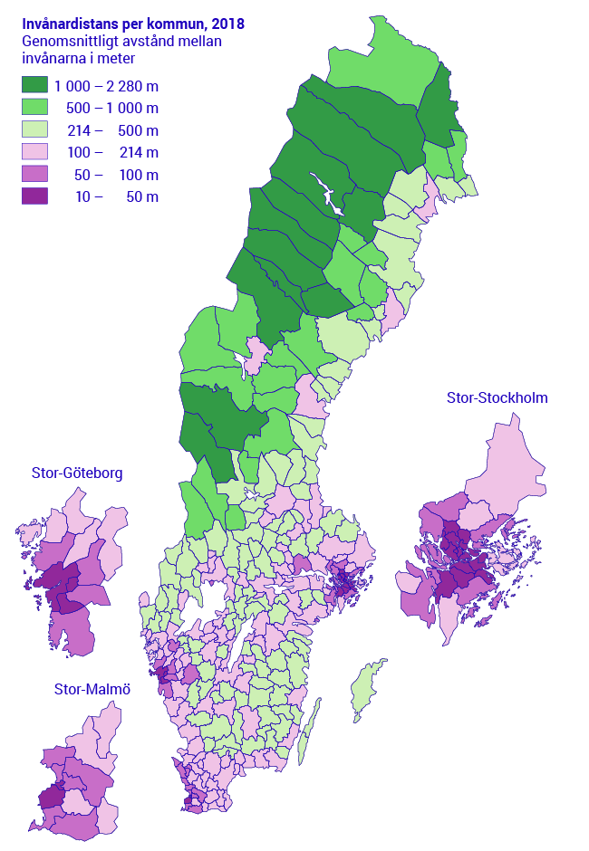 Kartan visar genomsnittligt avstånd mellan invånarna i meter.