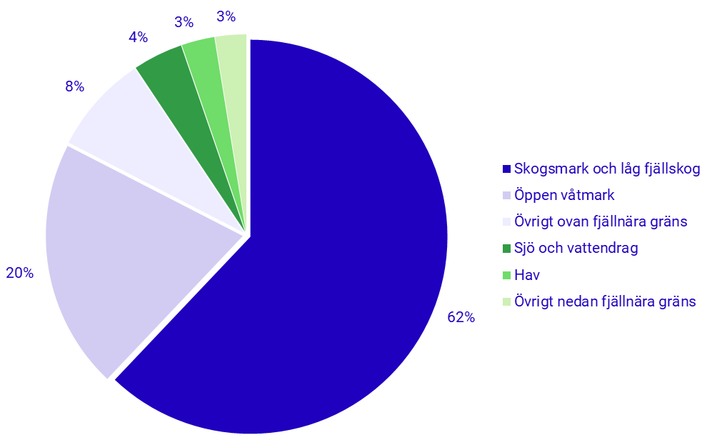 Cirkeldiagram: Nya skyddade arealer per naturtyp, andel av total ny areal 2024