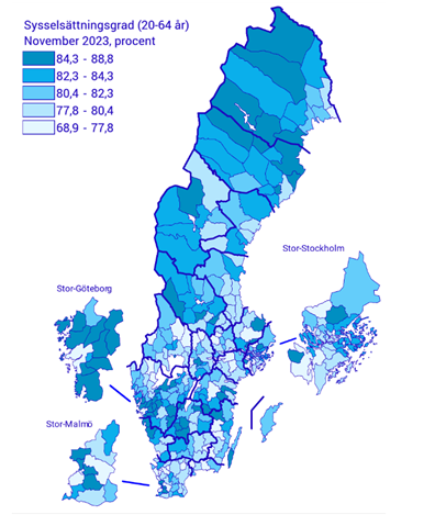 Karta: Sysselsättningsgrad efter kommun – november 2023, 20 till 64 år