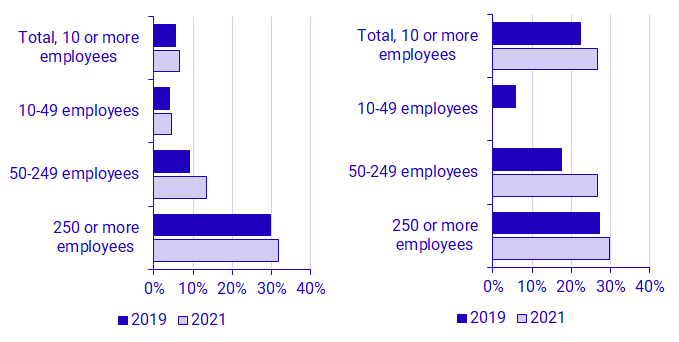 Graph: AI-use in the business enterprise sector (left) and the government sector (right) by size class, 2019 and 2021. Percent.