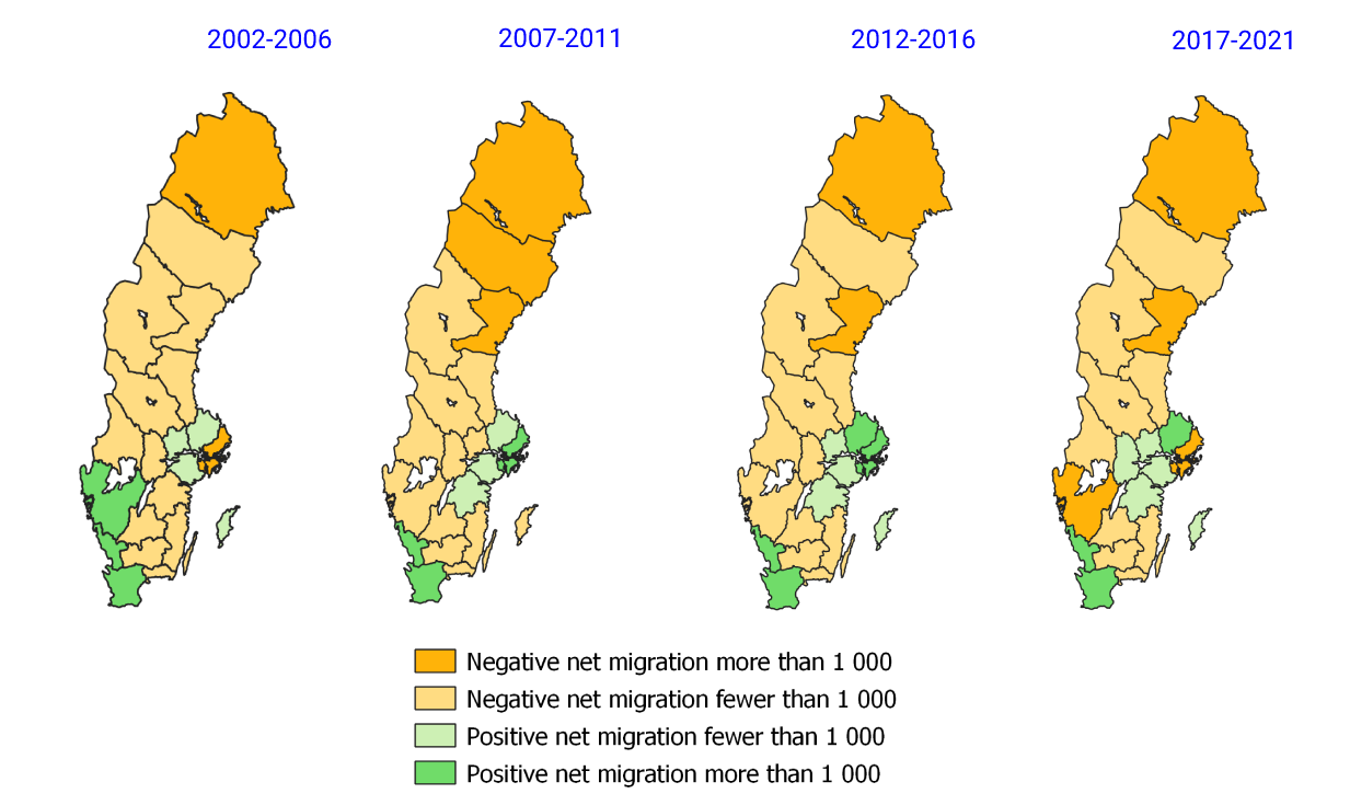 Net internal migration by county in the periods 2002—2006, 2007—2011, 2012—2016 and 2017—2021, average