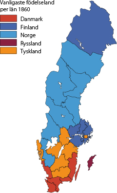 Karta: Vanligaste födelseland per län 1860