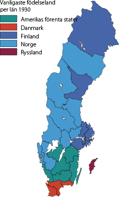 Karta: Vanligaste födelseland per län 1930