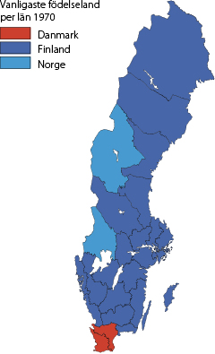 Karta: Vanligaste födelseland per län 1970