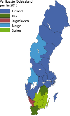 Karta: Vanligaste födelseland per län 2015