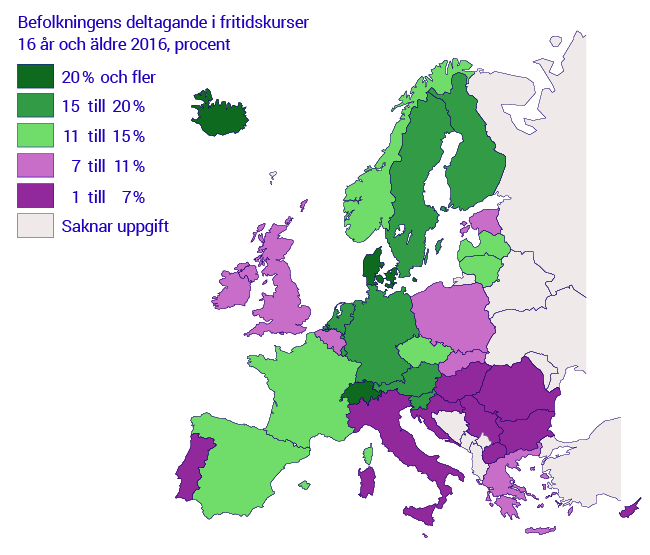 Karta: Befolkningens deltagande i fritidskurser 2016