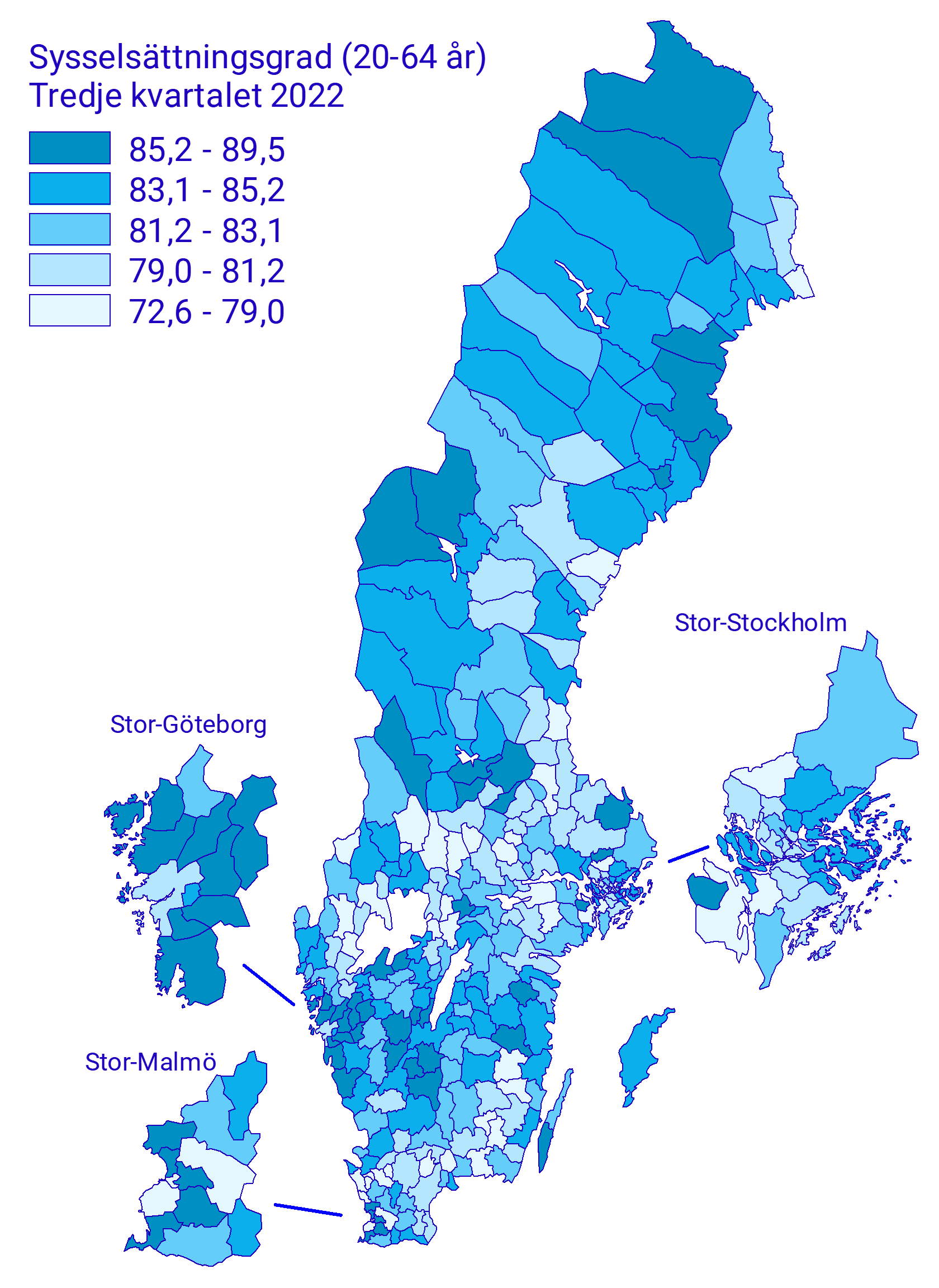 Karta: Sysselsättningsgrad efter kommun – tredje kvartalet 2022, 20 till 64 år