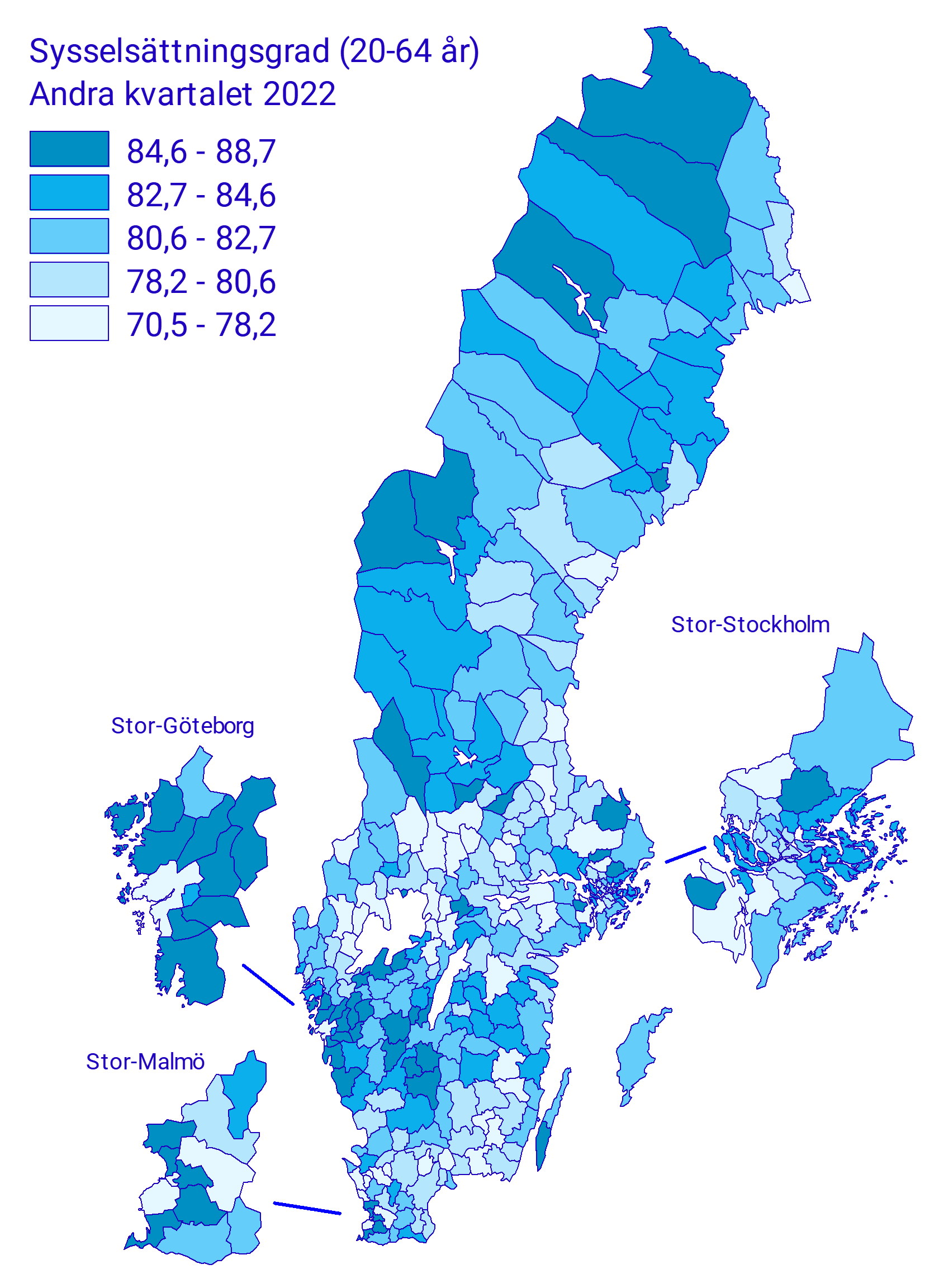 Karta: Sysselsättningsgrad efter kommun – andra kvartalet 2022, 20 till 64 år