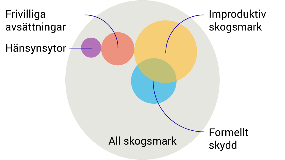 Cirkeldiagram: Överlapp mellan de fyra formerna av skogsmark 