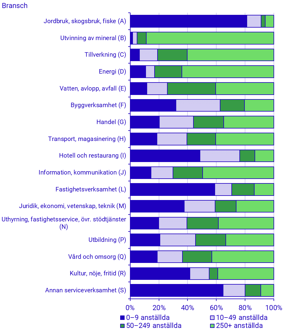 Förädlingsvärde per storleksklass (efter antalet anställda) inom näringslivet (SNI sektion A–S exkl. K och O) per bransch 2019