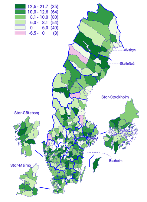 Utveckling av sysselsatta utrikes födda mellan andra kvartalet 2021 och andra kvartalet 2022 på kommunnivå, procent. Antal kommuner inom parentes.