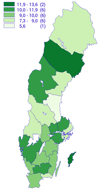 Utveckling av sysselsatta utrikes födda mellan andra kvartalet 2021 och andra kvartalet 2022 på länsnivå, procent. Antal län inom parentes