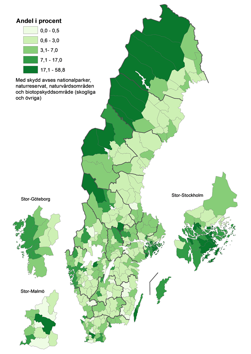 Karta: Andel skyddad landareal per kommun, 2020-12-31