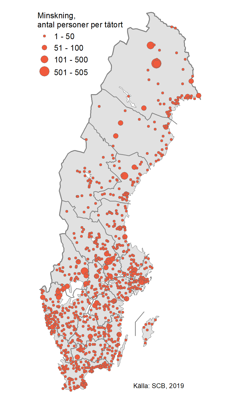 Tätorter som har minskat i befolkning under 2019