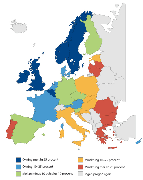 Karta: Procentuell förändring av befolkningens storlek mellan 2015 och 2080 i EU:s medlemsländer och Norge