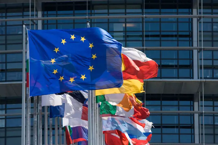 The EU flag and behind it, the flags of the other countries who are members in the EU