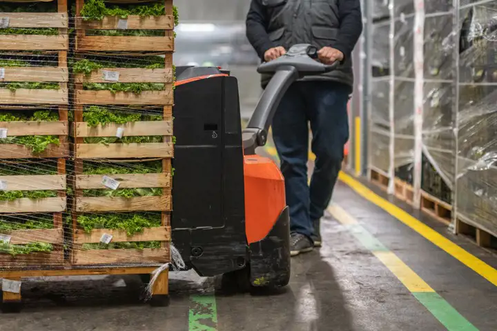 Person flyttar pallar med grönsaker på ett lager