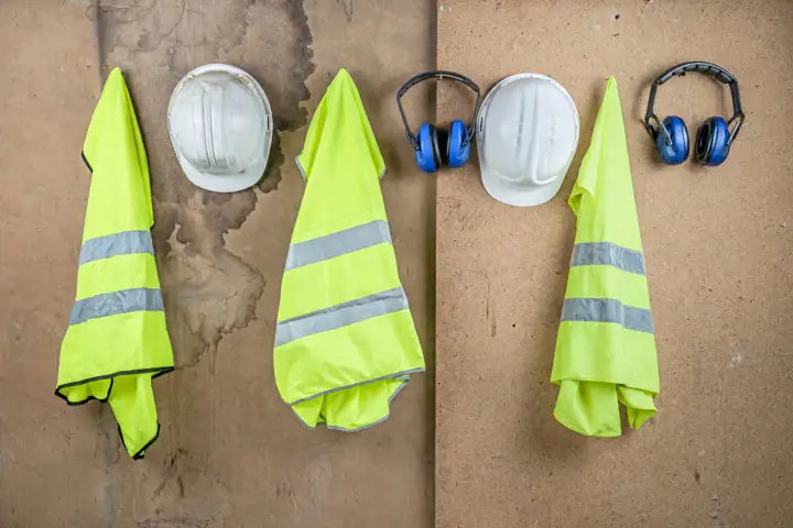 Bygghjälmar, hörselkåpor och västar med lysande gul färg hänger på krokar på en vägg.