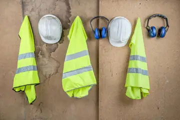Bygghjälmar, hörselkåpor och västar med lysande gul färg hänger på krokar på en vägg.